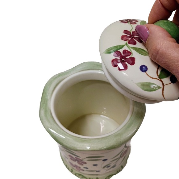 Vntg Hand Painted Ceramic Canister w Lid Butterfly Berries Flowers WHITE GREEN - Picture 9 of 16
